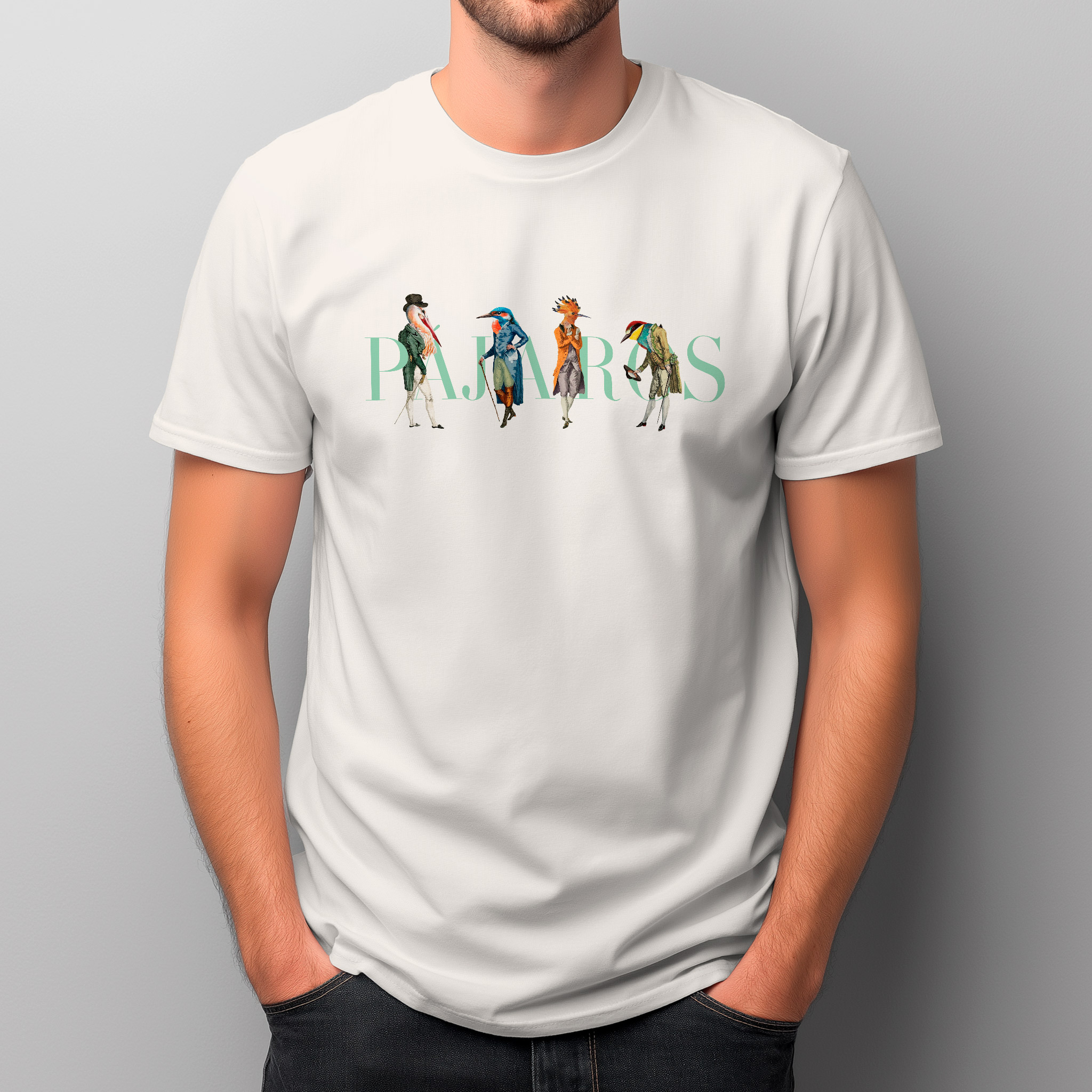 Camiseta Pájaros de época, Cigüeña Blanca, Abubilla, Martín Pescador y Abejaruco